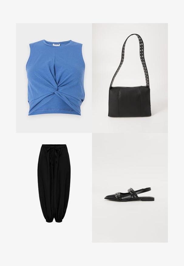 Blauwe mouwloze cropped top met een geknoopte voorkant. Gemaakt van zachte, rekbare stof met een gladde textuur. Ronde halslijn.; Zwarte losse broek met elastische taille en enkels, aantrekkoord in de taille en geplooide boorden.; Even&Odd by Zalando Slingback ballerina´s - black; Zwarte leren handtas met een rechthoekige vorm, voorzien van een ritsluiting en een stippenriem. Gladde textuur, minimale stiksel details.