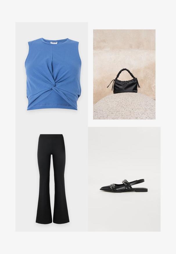 Blå ærmeløs crop top med knudedesign foran. Fremstillet af blødt, strækbart stof med en glat tekstur. Rund halsudskæring.; Sorte flared bukser lavet af et glat, strækbart stof. Har en høj talje og flared nederkant for et tætsiddende look. Enkel design.; Even&Odd by Zalando Slingback-ballerinasko - black; Sort håndtaske med rynkede detaljer og et samlet håndtag, hvilende på en tekstureret stensfære mod en beige betonvæg.
