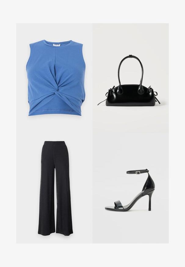 Blå ærmeløs crop top med knudedesign foran. Fremstillet af blødt, strækbart stof med en glat tekstur. Rund halsudskæring.; Sorte breddebenede bukser lavet af et blødt, strækbart materiale med en subtil glans, der har en elastisk linning og en afslappet pasform.; Sorte patentlæder højhælede sandaler med åben tå, en enkelt strop over forsiden og en justerbar ankelstrop.; Lille sort blank håndtaske med to lange håndtag og snøre-detaljer i siden på en ensfarvet lys baggrund.