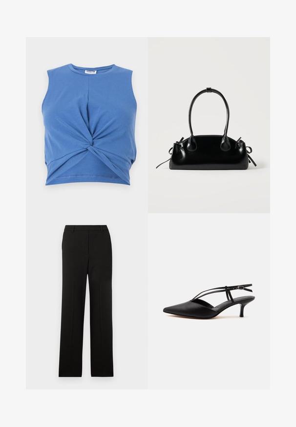 Blå ærmeløs crop top med knudedesign foran. Fremstillet af blødt, strækbart stof med en glat tekstur. Rund halsudskæring.; Sorte, skræddersyede bukser med lige ben design, præsenterer en flad front, ingen lommer og en glat stofstruktur.; Sort læder spids tå kitten heel med tynd ankelrem og spænde, slingback design, på en ensfarvet lys baggrund.; Lille sort blank håndtaske med to lange håndtag og snøre-detaljer i siden på en ensfarvet lys baggrund.