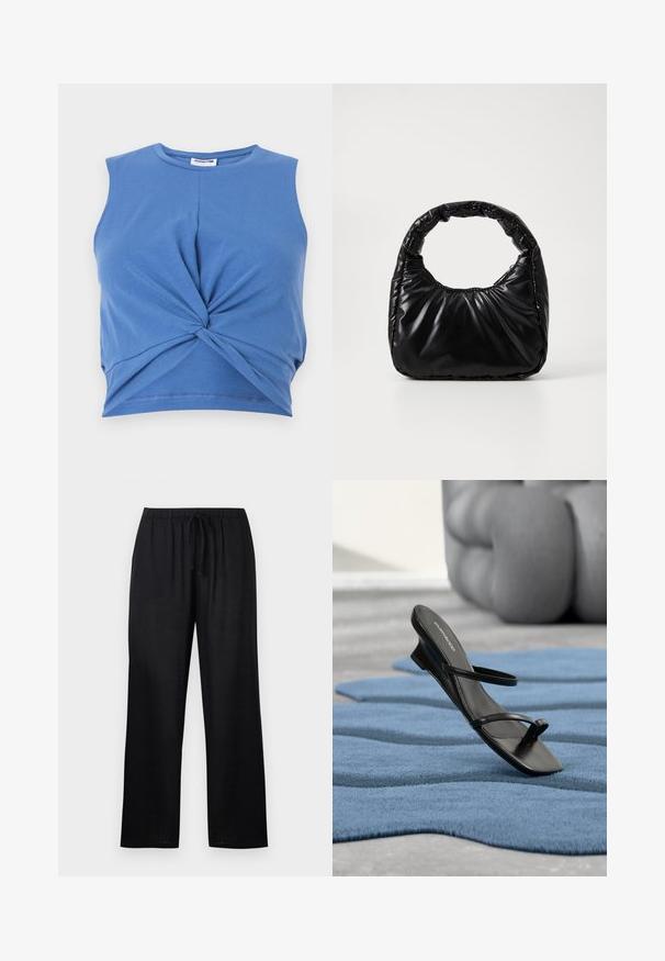 Blå ærmeløs crop top med knudedesign foran. Fremstillet af blødt, strækbart stof med en glat tekstur. Rund halsudskæring.; Sorte løstsiddende bukser med elastisk linning og snøre, lige ben, lavet af letvægtsstof.; Sort sandal med remme og tå-loop vist på et blåt tekstureret tæppe, med en stor grå dekorativ genstand sløret i baggrunden.; Sort polstret håndtaske med et rundt håndtag, der har en glat, skinnende overflade og en blød, kviltet tekstur. Ingen synlige hardware eller accenter.