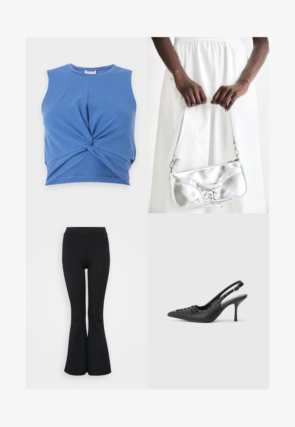 Blå ærmeløs crop top med knudedesign foran. Fremstillet af blødt, strækbart stof med en glat tekstur. Rund halsudskæring.; Sorte flare leggings lavet af strækbart materiale. Har en høj talje og en glat overflade. Slutter med en flared kant.; Sorte læder slingback stiletto med spids tå, side spændebånd, nitter langs kanten og dekorativ snøring foran.; Sølvmetallic håndtaske med snøredetaljer, der har et slankt design og en kort strop. Tasken holdes i hænderne for at fremvise dens tekstur.