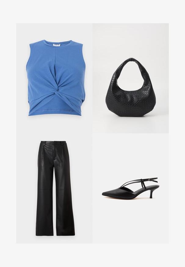 Sininen ilmanhiha crop-top, jossa on solmittu etuosan muotoilu. Valmistettu pehmeästä ja venyvästä kankaasta, jossa on sileä tekstuuri. Pyöreä kaula-aukko.; Mustat leveälahkeiset housut, jotka on tehty sileästä nahasta ja joissa on etupainike sekä kaksi viistopainiketta etupuolella.; Musta nahkainen kärkiosalta terävä kitten-heel-korkokengät, ohut nilkkaremmi ja solki, slingback-malli, yksivärisellä vaalealla taustalla.; Mustan kudotun käsilaukun, jossa on kaareva kahva, teksturoitu pinta ja löysä muoto. Suora viimeistely, jolla on orgaaninen siluetti.