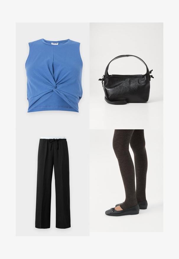 Blå ærmeløs crop top med knudedesign foran. Fremstillet af blødt, strækbart stof med en glat tekstur. Rund halsudskæring.; Sorte pinstripede bukser med brede ben, hvid elastisk talje og sort snor til knytning i taljen.; Ben iført mørke ribbede leggings kombineret med sorte balletsko med små sløjfedetaljer på hvid baggrund.; Sort læderhåndtaske med et struktureret design, rund tophåndtag og aftagelig skulderrem. Den har en glat tekstur og en subtil glans.