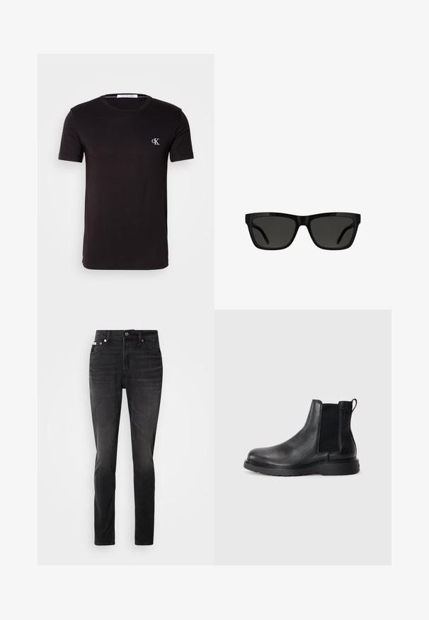 Schwarzes T-Shirt mit kurzen Ärmeln und Rundhalsausschnitt mit kleinem weißen "cK" Logo auf der linken Brust und Calvin Klein Jeans Label innen im Kragen.; Schwarze Jeans aus Denim mit schmaler Passform, fünf Taschen und Knopfverschluss. Mit einem subtilen Verblassen und Nähakzenten an den Taschen.; Schwarze Leder-Chelsea-Boots mit strukturiertem Finish, elastischen seitlichen Einsätzen und einer robusten Gummisohle. Dezentes Branding an der Ferse.; Schwarze Sonnenbrille mit rechteckiger Form, glänzendem Kunststoffrahmen, dunklen Gläsern und elegantem Bügeldesign, geeignet für verschiedene Gesichtsformen.