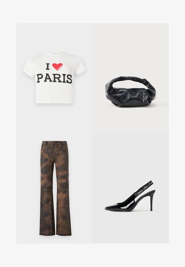 T-shirt court en coton blanc à manches courtes, avec un texte noir audacieux disant "J'AIME PARIS" et un cœur rouge, avec le mot "FUTURE" en rouge.; Pantalon évasé en denim marron avec une finition délavée et texturée. Il dispose de cinq poches, passants de ceinture et d'une fermeture par bouton. Coutures plates et jambes larges.; Escarpin noir en cuir verni avec un design à bout pointu,Featuring une section découpée et une sangle élastique embossée du nom de la marque.; Sac noir en matériau texturé et brillant avec une poignée circulaire torsadée et une fermeture éclair. Présente un design doux et froissé.