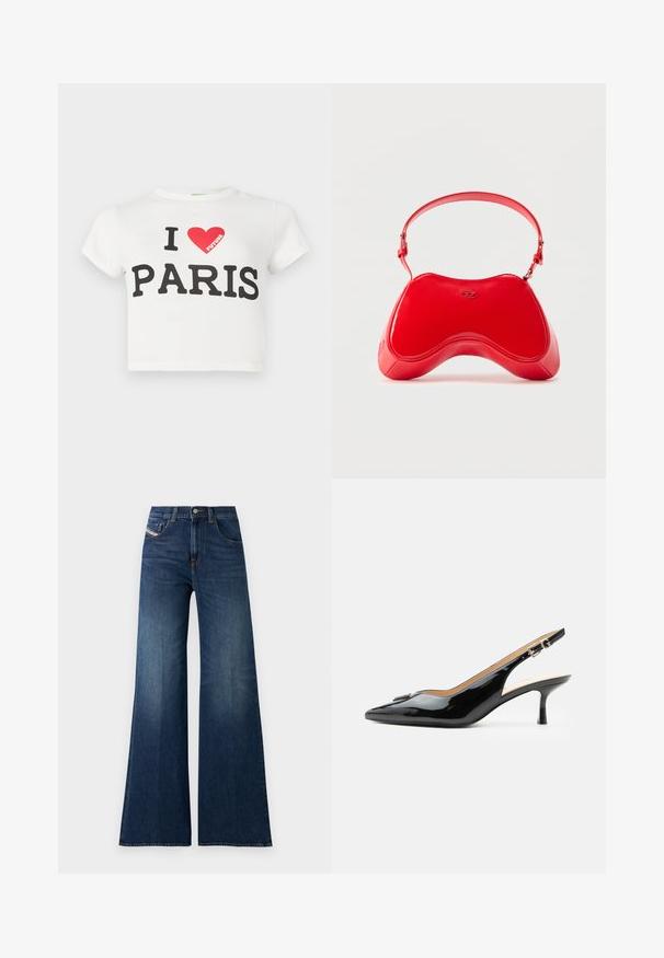 T-shirt court en coton blanc à manches courtes, avec un texte noir audacieux disant "J'AIME PARIS" et un cœur rouge, avec le mot "FUTURE" en rouge.; Jeans taille haute, bleu foncé, à jambe large, avec poches avant et à pièce, fermeture à bouton et détails de décoloration subtile sur les cuisses.; Escarpin slingback en cuir verni noir avec bout pointu, petit talon kitten et bride à boucle argentée sur fond blanc uni.; Sac en cuir verni rouge avec une forme incurvée et ergonomique, doté d'une fine sangle réglable et d'un discret logo sur le devant.