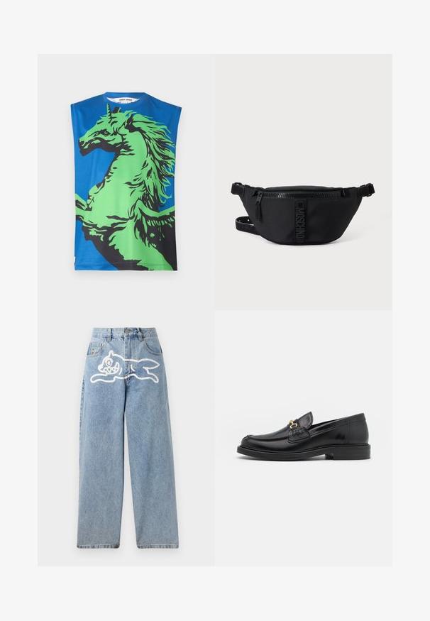Ärmelloses T-Shirt mit blauem Hintergrund und einem großen grünen und schwarzen Einhornmotiv. Hergestellt aus glattem Stoff mit Rundhalsausschnitt.; Helleblaue Denim-Jeans mit einer lockeren, weiten Passform. Auf der Rückseite befindet sich ein weißes Grafikdesign eines laufenden Katers. Klassisches Fünf-Taschen-Design.; Schwarze Lederleter mit einer abgerundeten Zehenpartie, ausgestattet mit goldenen Hardwareakzenten und Stichdetails, auf einer niedrigen, strukturierten Gummisohle.; Schwarze Moschino Bauchtasche mit Frontreißverschluss und verstellbarem Riemen auf einfachem hellem Hintergrund.