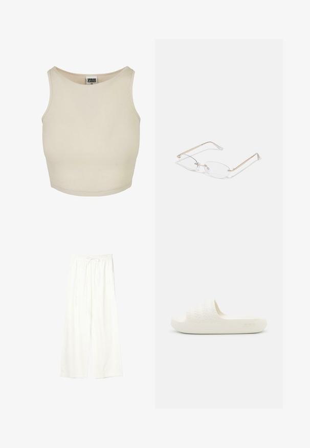 Beige ribbet crop top med rund halsudskæring og ærmeløs design. Har en ensfarvet tekstur og en diskret mærkeetiket inde i halsen.; Hvide bukser med vide ben, elastisk talje og snøre, lavet af letvægtsstof.; Hvide slip-on sandaler med en tekstureret rem, der har vandrette riller og en glat sål. Subtil branding på siden.; Guldmetal briller med ovale linser, slanke arme og klare næsepuder. Har subtile hængsel accenter og gennemsigtige linser.