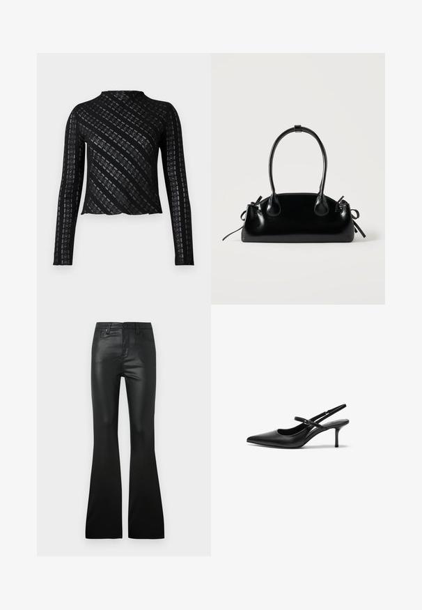 Top negro de manga larga con un cuello alto, que presenta un patrón texturizado de rayas diagonales y detalles de cortes a lo largo. Diseño recortado.; Pantalones acampanados negros hechos de un material suave y brillante. Cuenta con bolsillos frontales y un cierre de botón. Corte ajustado en la cintura y las caderas.; Zapatos de tacón slingback de cuero negro con punta afilada, correa ajustable delgada y un tacón de aguja de aproximadamente 5 cm, textura suave.; Pequeño bolso negro brillante con dos asas largas y detalles de cordón lateral sobre un fondo claro liso.