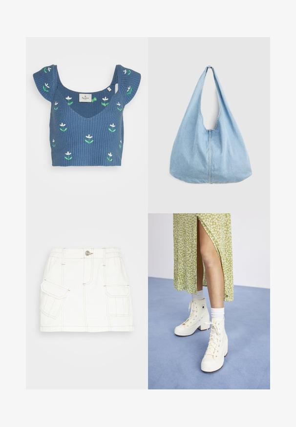Sininen neulottu crop-top, jossa on leveä kaula-aukko ja lyhyet leijailevat hihat, koristeltuna valkoisilla kukka- ja vihreällä lehtikirjonnalla.; BDG Urban Outfitters SKIRT - Farkkuhame - white; Valkoiset korkeavartiset platofrma-tennarit nauhoilla ja hopeisilla silmukoilla, yhdessä valkoisten nilkkasukkien kanssa, vaaleansinistä lattiaa vasten.; Vaaleansininen farkkukangainen olkalaukku, jossa leveä hihna ja näkyvä keskisauma, esillä yksiväristä vaaleanharmaata taustaa vasten.