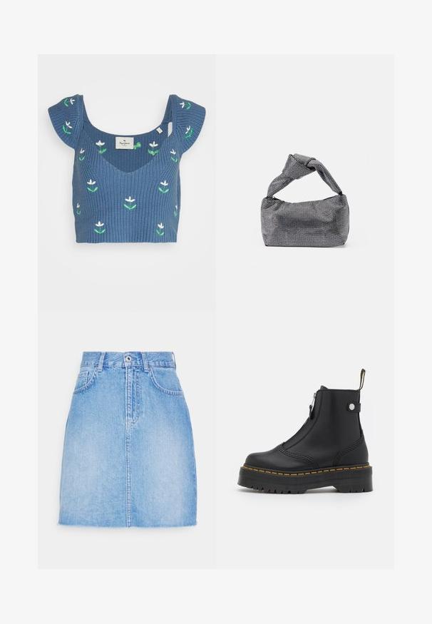 Sininen neulottu crop-top, jossa on leveä kaula-aukko ja lyhyet leijailevat hihat, koristeltuna valkoisilla kukka- ja vihreällä lehtikirjonnalla.; Vaaleansininen farkkuhame suoran leikkauksen omaavana, edessä nappisuljenta ja kaksi sivutaskua. Helma on hieman kulutettu rentoa ilmettä varten.; Musta nilkkuri, joka on valmistettu sileästä nahasta, ja siinä on sivuvetoketju, keltainen tikkaus sekä paksu, uurrettu kumipohja.; Mustapussinen ja hopeanvärinen käsilaukku, jossa on teksturoitu pinta, joka esittää timanttikuviota, solmittu kahva ja jämäkkä muoto.