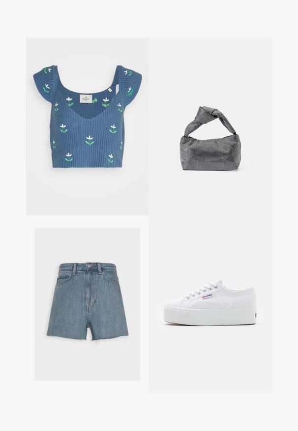 Modrý pletený crop top s širokým výstrihom a krátkymi volánovými rukávmi, zdobený vyšívanými bielymi kvetmi a zelenými listami.; Weekday ROWE - Denimové šortky - light blue; Biele plátenné tenisky s hrubou bielou platformou, okrúhlou špičkou a kovovými očkami na šnúrky. Logo značky zobrazené na boku.; Čierna a strieborná kabelka s textúrovaným povrchom so vzorom diamantov, s uzlovou rukoväťou a štruktúrovaným tvarom.