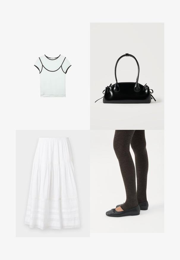 T-shirt blanc à manches courtes avec bordure noire le long du col, des manches et de la couture courbe sur la poitrine, posé à plat sur un fond blanc.; Jupe midi blanche à volants avec taille élastique et détails de panneaux transparents horizontaux près de l'ourlet sur un fond uni.; Jambes portant des leggings côtelés foncés associés à des ballerines noires avec de petits détails en nœud sur fond blanc.; Petit sac à main noir brillant avec deux longues anses et des détails à cordon sur les côtés sur un fond clair uni.