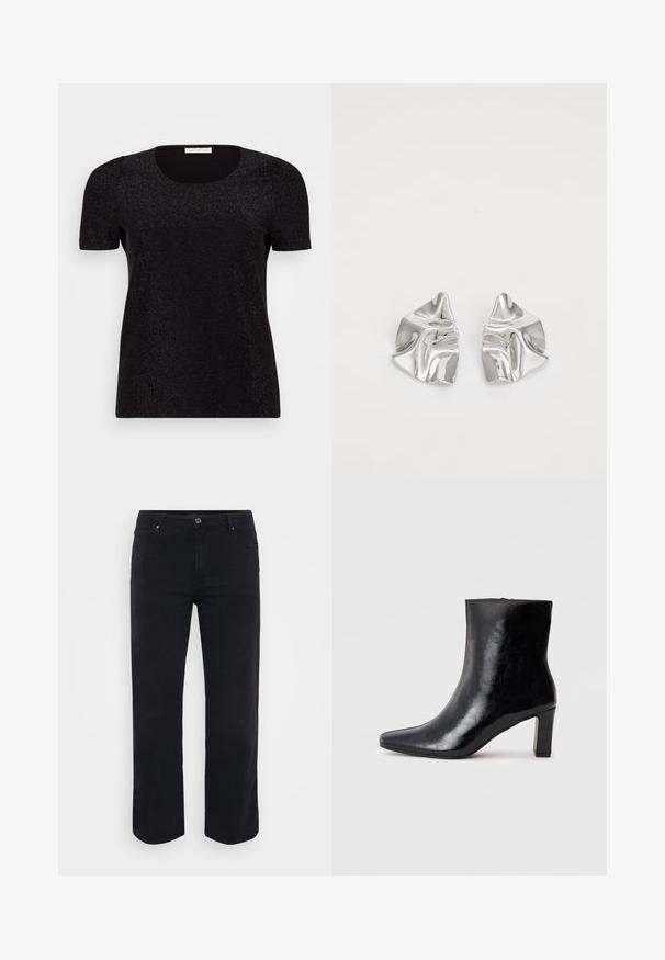 Top negro de manga corta con cuello redondo, que cuenta con una sutil textura brillante y detalles de hombros abullonados. Diseño liso y ajustado.; Jeans de denim negro con un diseño de pierna recta. Las características incluyen un cierre de botón en la cintura, trabillas para cinturón y bolsillos delanteros y traseros. Textura suave.; Botín negro de tobillo hecho de cuero brillante, con punta afilada y un tacón de bloque medio, con una textura suave y un diseño sencillo.; Pendientes de metal plateado con un diseño ondulado y escultórico, que presentan un acabado pulido y formas irregulares, destacando una estética contemporánea.