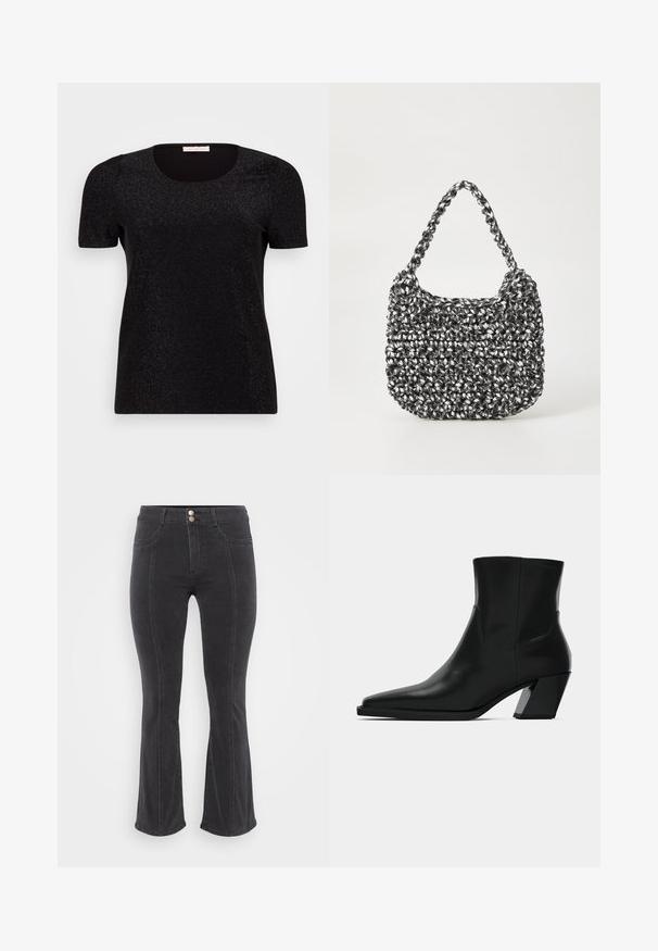 Sort kortærmet top med rund halsudskæring, der har en subtil glitreffekt og puffede skulderdetaljer. Glat, tætsiddende design.; Sorte denim jeans med flared ben og høj talje, der har to forlommer og dobbeltknaplukning, glat tekstur og minimale syninger.; Sortlæder ankelstøvle med spids tå, en slank silhuet og en kraftig firkantet hæl. Glat tekstur med minimale stikninger.; Vævet håndtaske i sort og hvid med en rund form, tekstureret overflade og et fletet håndtag. Velegnet til afslappet brug.