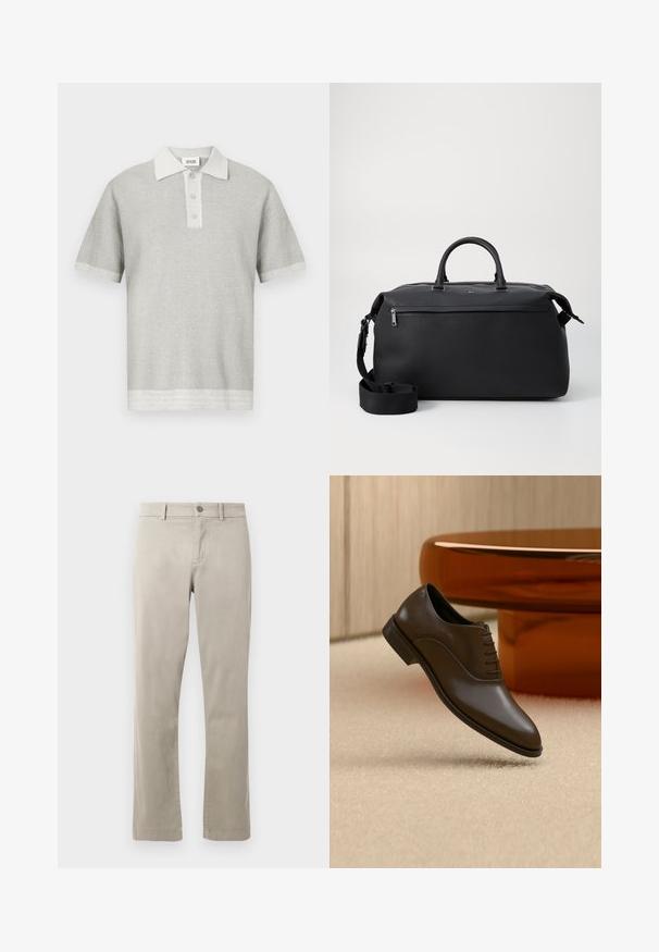Lichtgrijs gebreid poloshirt met korte mouwen, drie knopen en een gestructureerd patroon, voorzien van een kraag en iets donkerdere zoomranden.; Beige katoenen chinos met een recht model, voorzien van een knoopsluiting en voorzakken. Gladde textuur met subtiele stikdetails.; Bruine leren nette schoen met veters, zwevend boven een beige tapijt, met een ronde amberkleurige tafel op de achtergrond.; Zwarte leren reistas met twee bovenhandvaten, een afneembare schouderband en een ritsvak aan de voorkant voor extra opbergruimte.