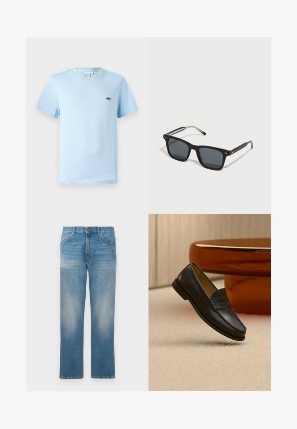 Lys blå bomulds-T-shirt med korte ærmer, en rund hals med en grøn og hvid stribet kant, og et lille broderet logo på brystet.; Straight-leg blå denim jeans med slidte lapper på lår og knæ, med klassisk fem-lomme design og knaplukning.; Sort læder loafer-sko hængende over beige tæppe med ravfarvet moderne møblement i baggrunden.; Sorte firkantede solbriller med mørke linser, plastikramme, metalaccenter og signaturlogo på bøjen. Slank design med et moderne udseende.