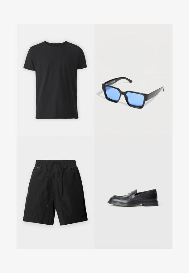 Camiseta de manga corta negra, hecha de algodón suave, con un cuello redondo clásico y una textura suave, con un corte recto.; Pantalones cortos negros de tejido ligero y texturizado, con cintura elástica y cordón. Presentan bolsillos laterales y un discreto detalle de logo.; Mocasines de cuero negro con acabado texturizado, que cuentan con una correa decorativa en la parte delantera y punta redondeada. Suela de goma para mayor durabilidad.; Gafas de sol negras rectangulares con lentes tintadas de azul, vista en ángulo sobre fondo blanco.