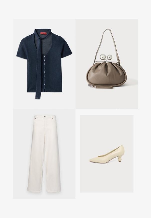 Cardigan bleu marine à manches courtes avec un col en V, texture côtelée et un nœud au col. Présente une rangée de boutons bleus sur le devant.; Pantalons à jambes larges en coton couleur crème. Comprend une fermeture à bouton, des passants de ceinture et deux poches avant. Texture lisse avec un minimum de détails.; Escarpin couleur crème à bout pointu avec un talon empilé court et rond et une finition mate lisse sur un fond uni clair.; Sac à main en cuir gris de forme arrondie, fermeture supérieure avec deux grandes sphères argentées, et une seule anse.