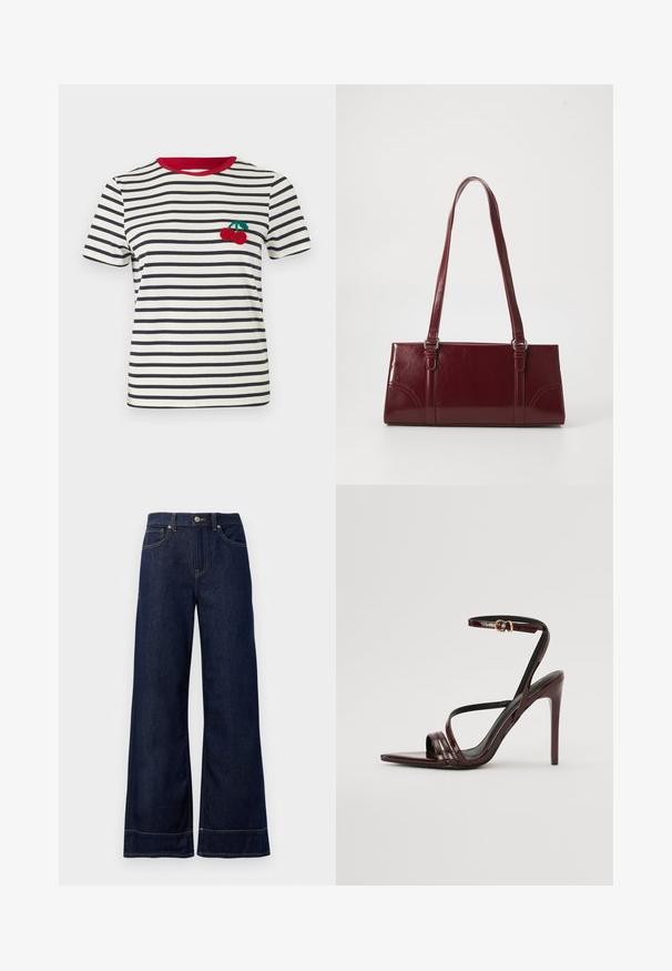 T-shirt rayé en crème et bleu marine, avec un col rouge. Présente un design de cerise brodé sur la zone de la poitrine gauche. Manches courtes.; Jean large bleu foncé en denim. Caractéristiques : fermeture par bouton, détails de couture et poches latérales. Ourlet évasé en bas.; Sandale à talons hauts en cuir verni bourgogne avec une bride de cheville, bout pointu et trois bandes horizontales sur le pied. Détail de boucle dorée.; Sac à main bordeaux en matériau brillant, de forme rectangulaire, avec deux anses et des accents légèrement courbés à l'avant.