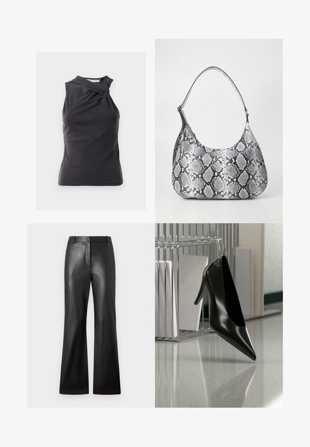 Haut sans manches gris foncé avec un design torsadé à l'épaule, fabriqué à partir d'un tissu lisse avec une coupe ajustée et un ourlet fini.; Pantalons en cuir noir avec une texture lisse, design à jambes larges et une taille mi-haute dotée de passants de ceinture et de poches avant.; Chaussure noire à talon haut avec bout pointu et logo doré, posée sur une surface réfléchissante près d'un organiseur de dossiers en fil chromé contenant des documents.; Sac à épaule en simili cuir noir et blanc avec imprimé serpent, de forme arrondie, texture lisse et bandoulière incurvée. Présente un accent en matériel argenté.