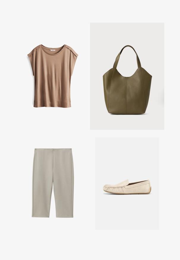 Bruine top met korte mouwen en een zachte, gladde textuur. Heeft een ronde halslijn en subtiele schoudernaaddetails.; Beige knielange, recht gesneden broek van gladde stof met zichtbare zijnaden en een eenvoudige tailleband.; Beige leren instaploafer met textuur, mocassin-achtige stiksels en rubberen zool, zijaanzicht op een witte achtergrond.; Olijfgroene leren tote bag met dubbele straps, een gladde textuur en een ontwerp met vier panelen. Verstevigde stiksels langs de naden voor duurzaamheid.