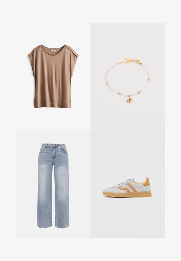 Bruine top met korte mouwen en een zachte, gladde textuur. Heeft een ronde halslijn en subtiele schoudernaaddetails.; Lichtblauwe wijde denim jeans met voorzakken, riemlussen, knoopsluiting en vervaagde details op dijen en knieën.; Lichtgrijze suède sneaker met beige leren accenten, een gumkleurige zool en lichtblauwe veters, vanuit de zijkant weergegeven tegen een witte achtergrond.; Delicate armband met kleine roze kralen, gouden accenten en een gouden bedel met een ingewikkeld uitgesneden ontwerp, sluiting en verstelbare ketting.