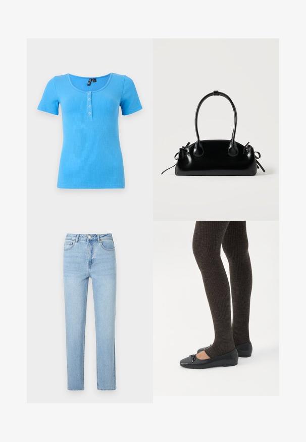 Rippenshirt mit kurzen Ärmeln in lebhaftem Blau. Hat einen runden Ausschnitt und eine dreiknöpfige Leiste vorne. Weiches, dehnbares Material.; Hellblaue Jeans aus Denim mit hoher Taille, geradem Bein, fünf Taschen und Knopfverschluss; durchgehend einfarbig und mit glatter Textur.; Beine in dunklen, gerippten Leggings kombiniert mit schwarzen Ballerinas mit kleinen Schleifendetails auf weißem Hintergrund.; Kleine schwarze glänzende Handtasche mit zwei langen Griffen und seitlichen Kordelzug-Details vor einfachem hellem Hintergrund.