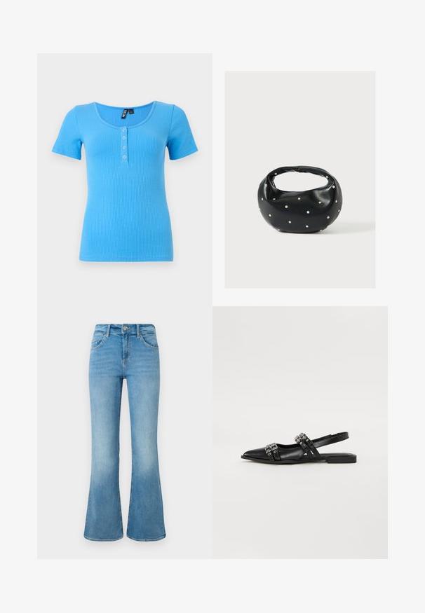 Rippenshirt mit kurzen Ärmeln in lebhaftem Blau. Hat einen runden Ausschnitt und eine dreiknöpfige Leiste vorne. Weiches, dehnbares Material.; Hellblaue Denim-Flaggenjeans mit Fronttaschen, Gürtelschlaufen und einer Knopfverschlus gegen einem weißen Hintergrund.; Even&Odd by Zalando Sling-Ballerina - black; Schwarze Lederhandtasche mit abgerundeter Form, verziert mit silbernen Nietenakzenten und kurzem Griff. Glatte Struktur und Reißverschlussverschluss.