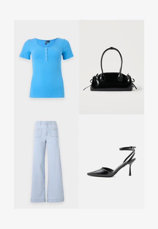 T-shirt à manches courtes côtelé en bleu vif. Doté d'un col rond et d'une patte de boutonnage à trois boutons sur le devant. Matériau doux et extensible.; Jean large en denim bleu clair, avec une taille haute, de grandes poches avant et des accents métalliques sur les poches arrière.; Escarpin noir à bout pointu avec fines brides de cheville et fermeture à boucle argentée sur fond clair uni.; Petit sac à main noir brillant avec deux longues anses et des détails à cordon sur les côtés sur un fond clair uni.
