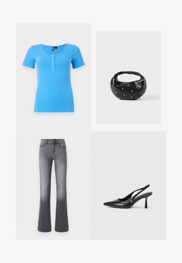 T-shirt à manches courtes côtelé en bleu vif. Doté d'un col rond et d'une patte de boutonnage à trois boutons sur le devant. Matériau doux et extensible.; Jean flare taille haute en denim gris foncé, avec poches frontales, fermeture à bouton et légère décoloration vers l'ourlet.; Chaussure à talon haut en cuir noir, à bride arrière, avec un bout pointu et un talon fin sur fond blanc.; Sac à main en cuir noir de forme arrondie, décoré de clous argentés et équipé d'une poignée courte. Texture lisse et fermeture éclair.