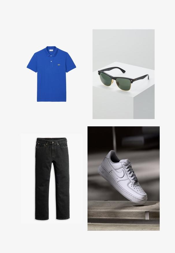 Blauwe poloshirt van katoen, met een klassieke kraag, een placket met twee knopen en een groen krokodillenlogo op de linkerkant van de borst.; Zwarte rechte spijkerbroek met vijf zakken, riemlussen en een knoopsluiting in de taille, plat gelegd op een witte achtergrond.; Witte Nike Air Force 1 sneaker van leer met geperforeerde neus, platte veters en een gestructureerde rubberen zool met "AIR"-logo aan de zijkant.; Ray-Ban zonnebrillen met groene lenzen, zwarte plastic monturen en gouden accenten aan de randen. Vierkante vorm met een matte afwerking.