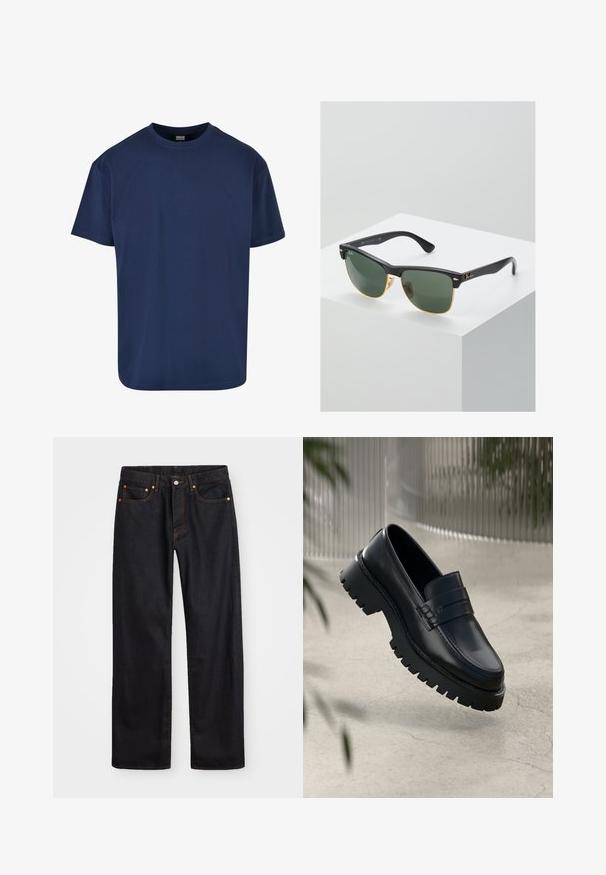 T-shirt en coton bleu marine avec un col rond et des manches courtes. Texture lisse et coupe décontractée, idéal pour un style décontracté.; Jean en denim noir pour hommes, coupe droite, avec cinq poches et surpiqûres orange, fermeture par bouton et zip à la taille avant.; Mocassins en cuir noir avec une semelle à crampons épaisse, dotés d'une sangle décorative et de détails de couture. Texture lisse avec une finition polie.; Lunettes de soleil Ray-Ban avec des verres verts, monture en plastique noir et accents dorés sur les bords. Forme carrée avec une finition mate.