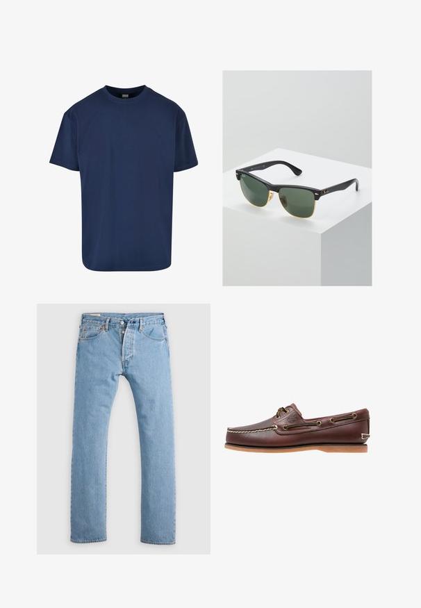Marineblå bomulds T-shirt med rund halsudskæring og korte ærmer. Glat tekstur og afslappet pasform, velegnet til hverdagstøj.; Lys blå lige ben denim jeans med knaplukning, bæltestropper og for- og baglommer, vist på en hvid baggrund.; Brun læder bådsko med hvide sømme, snøre detaljer og lysbrun gummisål, vist fra siden på hvid baggrund.; Ray-Ban solbriller med grønne linser, sorte plastikstel og gyldne detaljer ved kanterne. Firkantet form med mat finish.