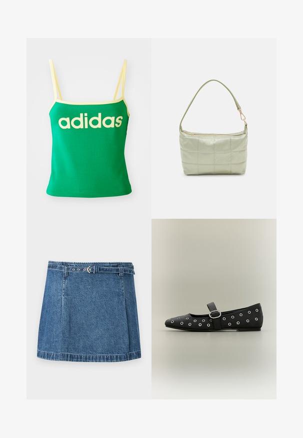 Zelený tank top s žltými akcentmi, vyrobený z elastického materiálu. Má veľké žlté logo "adidas" na prednej strane a tenké ramienka.; Modrá džínová minisukňa so šitým lemom a tenkým zladeným opaskom so striebornou prackou, položená na svetlom pozadí.; Čierna plochá Mary Jane obuv so striebornými očkami a striebornou prackou na remienku na neutrálom pozadí.; Polstrovaná zelená ramenná taška s mäkkou textúrou, obdĺžnikovým tvarom, jedným popruhom a zlatou zipsovou uzáverou. Obsahuje prešívaný vzor.