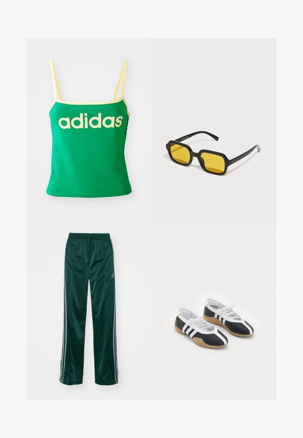 Zelený tank top s žltými akcentmi, vyrobený z elastického materiálu. Má veľké žlté logo "adidas" na prednej strane a tenké ramienka.; Tmavozelené športové nohavice vyrobené z lesklého materiálu, s bočnými pruhmi v svetlošedej farbe a vyšitým logom na ľavom stehne.; Čierne a biele športové topánky s elegantným dizajnom, gumovou podrážkou, šnurovaním a tromi bielymi prúžkami na bokoch.; Čierne obdĺžnikové slnečné okuliare so žltými šošovkami. Vlastnosti zahŕňajú hrubé rámiky a uhlovú konštrukciu s hladkým, lesklým povrchom.
