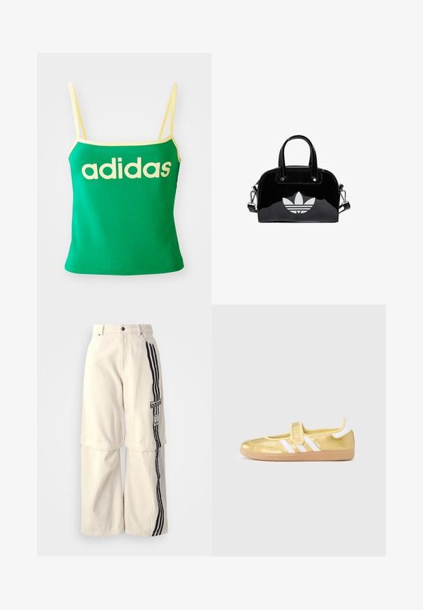 Zelený tank top s žltými akcentmi, vyrobený z elastického materiálu. Má veľké žlté logo "adidas" na prednej strane a tenké ramienka.; Bežové nohavice s širokými nohavicami vyrobené z bavlny, s čiernym trojpruhovým dizajnom po boku a nášivkou loga Adidas na stehne.; Zlatá teniska s bielymi pruhmi a suchým zipsom. Hladký kovový povrch, zaoblená špička a textúrovaná gumová podrážka.; Čierna lakovaná kožená kabelka s okrúhlym tvarom, dvojitými hornými rúčkami, striebornými akcentmi a výrazným bielym logom na prednej strane.
