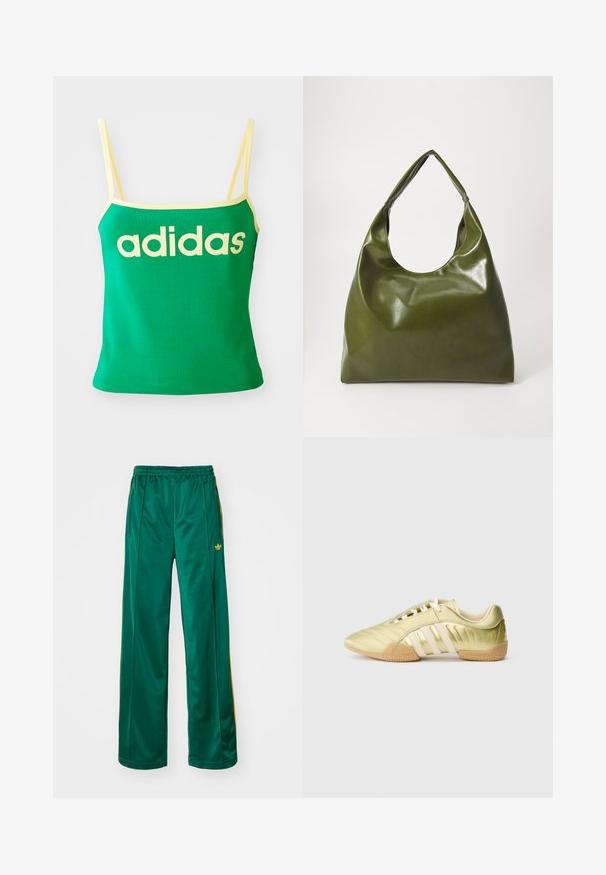 Vihreä tankkitoppi keltaisilla yksityiskohdilla, valmistettu joustavasta materiaalista. Edessä on suuri keltainen "adidas"-logo ja ohuet olkaimet.; Vihreät satiini-urheiluhousut, joissa on rento istuvuus, keltaiset raidat ja brodeerattu logo vasemmalla puolella. Elastinen vyötärönauha.; Limenvihreä synteettinen urheilukenkä, jossa on sileä pinta, kolme valkoista raitaa, pehmeä sisävuori ja kuvioitu kumipohja.; Vihreä nahkainen hobo-laukku, jossa on löysä muotoilu, kaareva kahva ja sileä pinta. Ei sisällä näkyvää metalliosia tai yksityiskohtia.