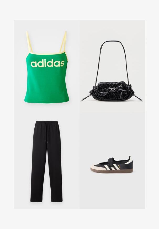Groene tanktop met gele accenten, gemaakt van rekbaar materiaal. Heeft een groot geel "adidas" logo over de voorkant en dunne banden.; Zwarte sweatpants met rechte pijpen, elastische tailleband en verstelbaar trekkoord, eenvoudig ontwerp zonder zichtbare logo's of patronen.; Zwart-beige sneaker met een klittenbandsluiting, drie witte strepen aan de zijkant en een getextureerde bruine rubberen zool. Merkembleem zichtbaar.; Zwarte leren handtas met een geplooid design en een strikdetail aan de voorkant. Voorzien van een korte handgreep en zilverkleurige metalen accenten.