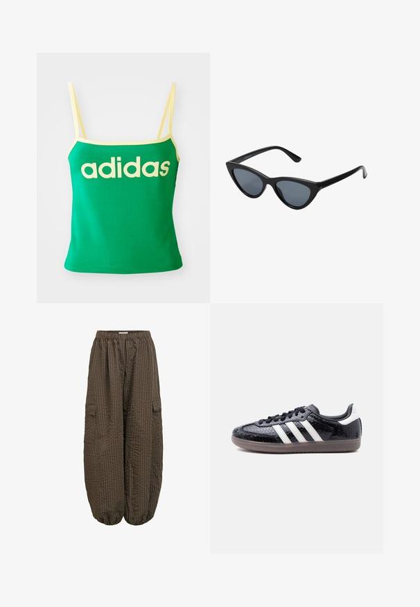 Vihreä tankkitoppi keltaisilla yksityiskohdilla, valmistettu joustavasta materiaalista. Edessä on suuri keltainen "adidas"-logo ja ohuet olkaimet.; Rennot ruskeat ruutuhousut, joissa on joustava vyötärö ja resorit lahkeensuissa, ja sivutaskuissa läpät.; Matalaprofiilinen musta lenkkari, jossa on kuvioitu käärmeenahka, valkoiset raidat sivuilla, mustat nauhat ja läpikuultava ruskea pohja.; Mustat kissaeye-aurinkolasit tumman harmailla linsseillä, tyylikäs muovikehys, terävät kulmat ja suorat templet. Ei näkyvää metalliosia tai koristuksia.