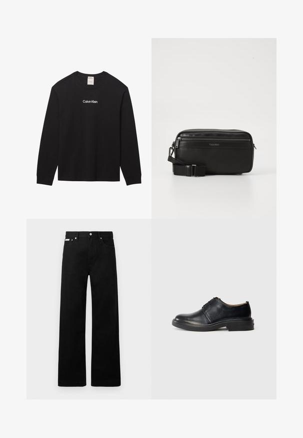 Sort langærmet t-shirt med rund hals og teksten "Calvin Klein" trykt i hvid på midten foran.; Sorte denimbukser med bred ben-design, der har fem lommer og metallisk knapdetalje. Glat tekstur, uden synlige mønstre.; Sorte læder oxford sko med rund tå, snørebånd foran og lav, stablet hæl på lys baggrund.; Sort læder crossover taske med en lynlåslomme, tekstureret overflade, justerbar rem og Calvin Klein-branding på forsiden.