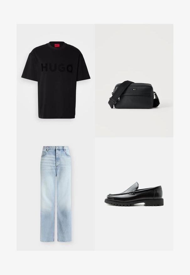 Sort bomulds t-shirt med korte ærmer, rund hals, med et stort, blankt sort "HUGO" logo på forsiden. Glat tekstur.; Lyseblå, højtaljede jeans med rette ben, forlommer, bæltestropper og knaplukning.; Sort læderloafer med chunky gummisål, syet overdel og præget mærkenavn på hælen, vist i sideprofil på hvid baggrund.; Sort tekstureret læder crossbody taske med front lynlåslomme og justerbar bred stofskulderrem på hvid baggrund.