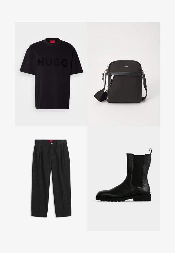 Schwarzes Baumwoll-T-Shirt mit kurzärmeligen, Rundhalsausschnitt, das ein großes, glänzendes schwarzes "HUGO"-Logo auf der Vorderseite trägt. Glatte Textur.; Schwarze Hose mit hoher Taille, vorderen Falten, Gürtelschlaufen, Knopf- und Reißverschluss sowie einem roten Etikett innen am Bund.; Schwarzer Leder-Stiefelette mit elastischem Seitenteil, grober Sohle und Zuglasche hinten, mit kleinem goldenem "Hugo" Logo nahe der Ferse.; Schwarze Umhängetasche aus strukturiertem Stoff, mit Logo auf der Vorderseite, Reißverschluss und verstellbarem Tragegurt. Verfügt über eine glatte Lederbesatz.