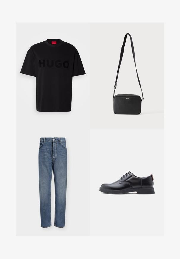 Sort bomulds t-shirt med korte ærmer, rund hals, med et stort, blankt sort "HUGO" logo på forsiden. Glat tekstur.; Straight-leg blå denim jeans med høj talje, frontknaplukning og fem-lomme design på en ensartet lys baggrund.; Sorte snørestøvler i læder med glat tekstur, rundet tå og diskrete syningsdetaljer. Har en rød trækflig på hælen.; Sort rektangulær crossbody taske med justerbar rem og BOSS-logo foran, sat mod en ensfarvet lys baggrund.