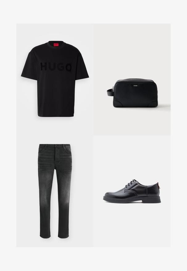 Sort bomulds t-shirt med korte ærmer, rund hals, med et stort, blankt sort "HUGO" logo på forsiden. Glat tekstur.; Sorte skinny-fit jeans med falmede detaljer, fem-lomme-stil og knaplukning i taljen.; Sorte snørestøvler i læder med glat tekstur, rundet tå og diskrete syningsdetaljer. Har en rød trækflig på hælen.; HUGO Toilettaske - black
