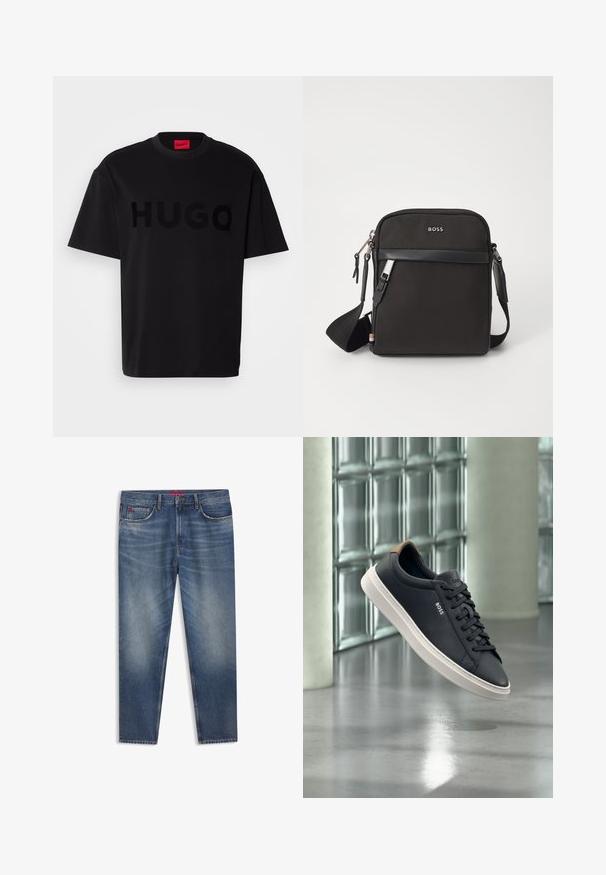 Schwarzes Baumwoll-T-Shirt mit kurzärmeligen, Rundhalsausschnitt, das ein großes, glänzendes schwarzes "HUGO"-Logo auf der Vorderseite trägt. Glatte Textur.; Blaue Jeans aus Denim mit klassischem Design, versehen mit einem Knopfverschluss, fünf Taschen und dezentem Ausbleichen. Gerade Beinform, mittlere Waschung.; Schwarzer niedriger Schnürsneaker mit weißer Sohle und braunem Fersenlasche, Marke „BOSS“, schwebt drinnen nahe einer Wand aus Glasbausteinen.; Schwarze Umhängetasche aus strukturiertem Stoff, mit Logo auf der Vorderseite, Reißverschluss und verstellbarem Tragegurt. Verfügt über eine glatte Lederbesatz.