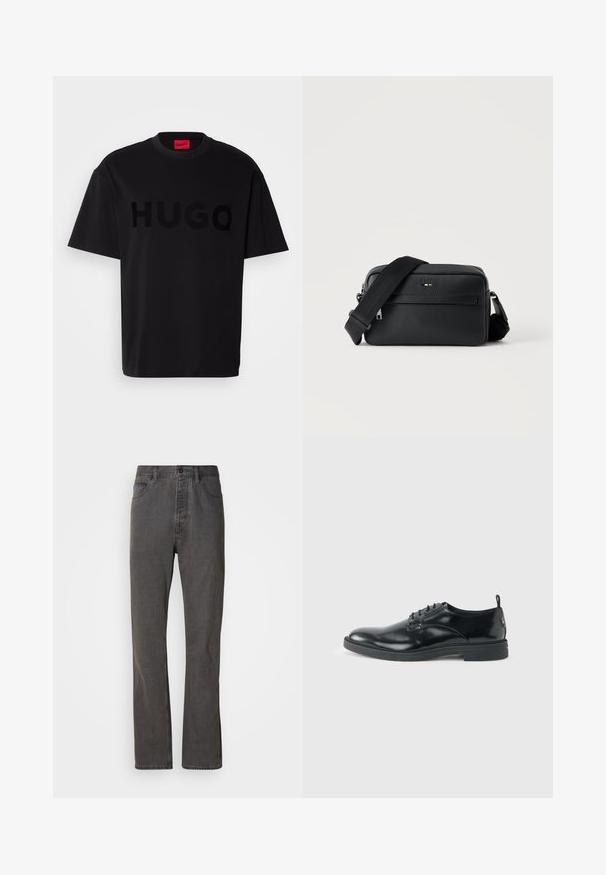 Sort bomulds t-shirt med korte ærmer, rund hals, med et stort, blankt sort "HUGO" logo på forsiden. Glat tekstur.; Grå denim jeans med lige ben-design, der har forlommer, knaplukning og subtil tekstur.; Blank sort læder dresssko med lav hæl, snørelukning og rund tå, vist fra siden på ensfarvet lys baggrund.; Sort tekstureret læder crossbody taske med front lynlåslomme og justerbar bred stofskulderrem på hvid baggrund.