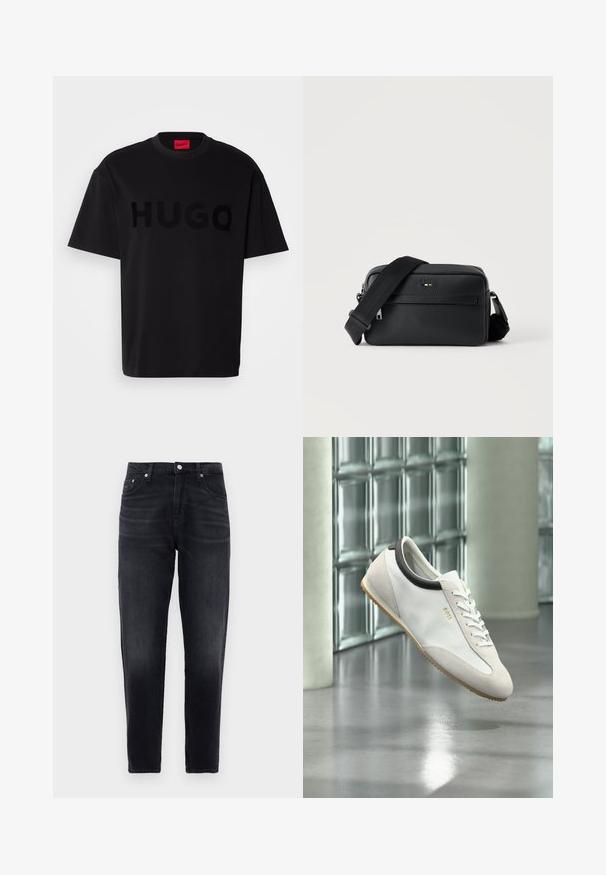 Sort bomulds t-shirt med korte ærmer, rund hals, med et stort, blankt sort "HUGO" logo på forsiden. Glat tekstur.; Sorte slim-fit jeans med fem lommer, frontknap og subtil udtoning på lårene, præsenteret på en hvid baggrund.; Hvid læder- og ruskindssneaker med gummisål og sort kravedetalje, der svæver indendørs nær en glasblokvæg og en betonsøjle.; Sort tekstureret læder crossbody taske med front lynlåslomme og justerbar bred stofskulderrem på hvid baggrund.