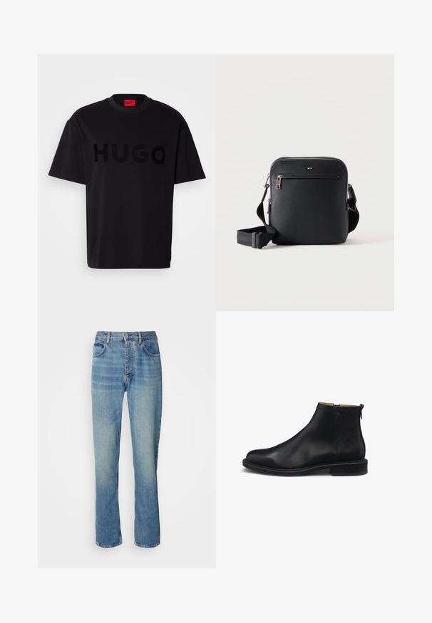 Sort bomulds t-shirt med korte ærmer, rund hals, med et stort, blankt sort "HUGO" logo på forsiden. Glat tekstur.; Lyseblå straight-leg denim jeans med høj talje, frontknap, lynlås lukning og fem-lomme design.; Sort læderankelstøvle med sidelås, glat overdelsmateriale, lav blokhæl og trækflap bagpå, vist i profil mod en hvid baggrund.; Sort læder crossbody taske med frontlynlåslomme og justerbar rem på ensfarvet hvid baggrund.